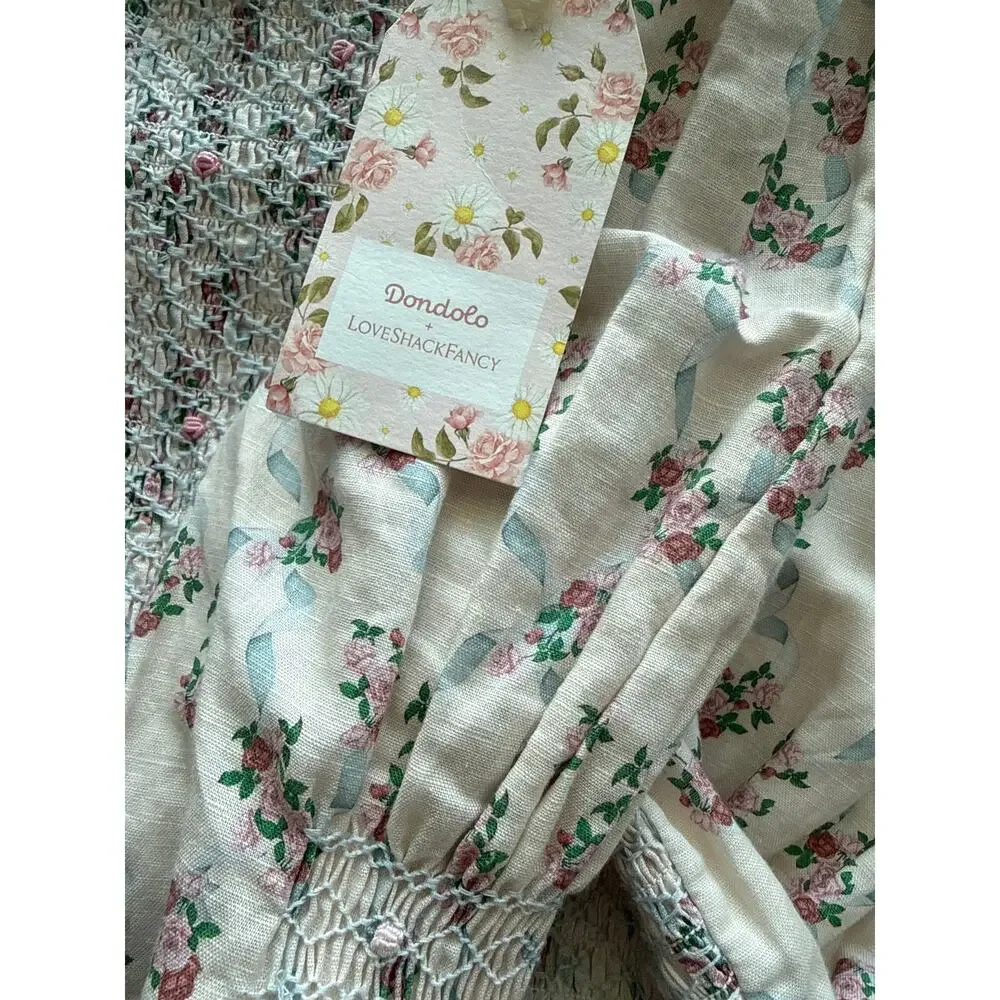 Dondolo x LoveShackFancy Rose Garden Smocked Short Dress Cream Size XXL - Picture 12 of 13